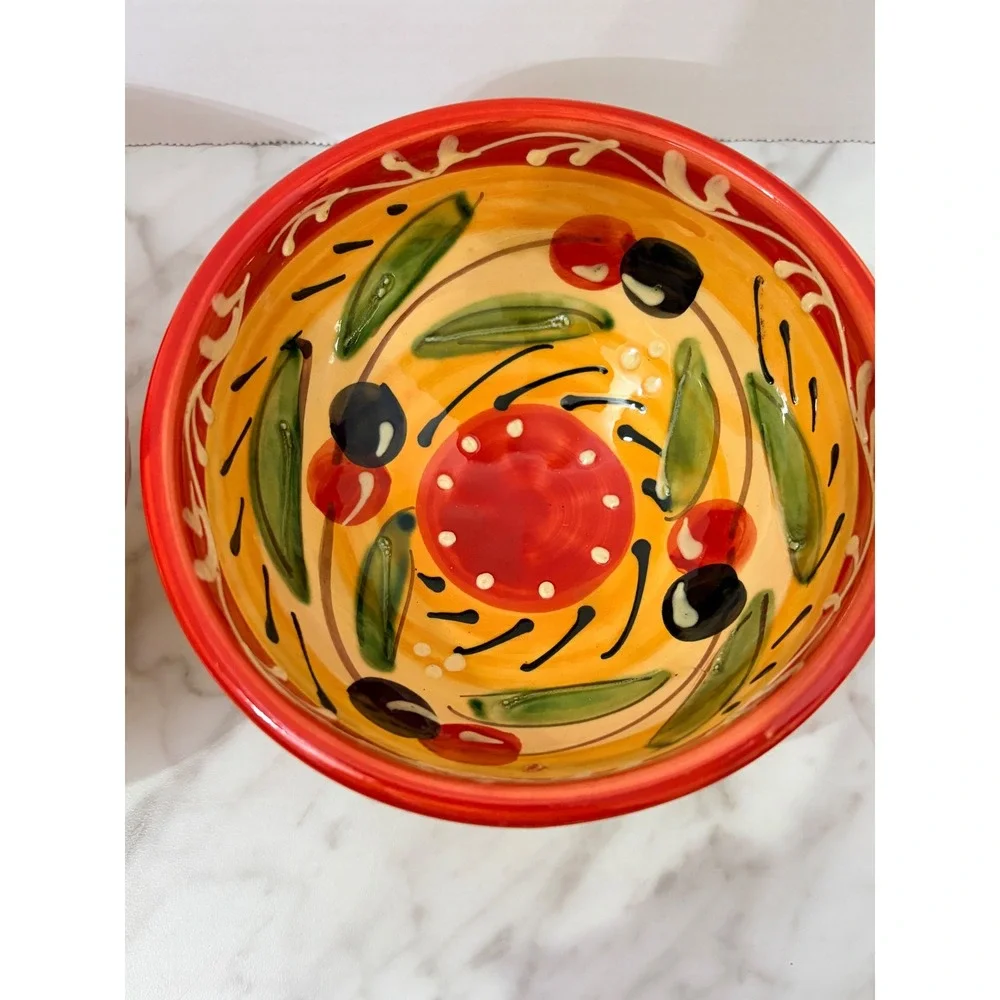 Pier 1 Imports Hand Painted Ceramic Olive Bowls Spain Set of 2 Yellow Red 5.5in